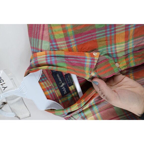 Vtg 90s Ralph Lauren Mens Large Faded India Madras Plaid Button Shirt Rainbow - Picture 6 of 10
